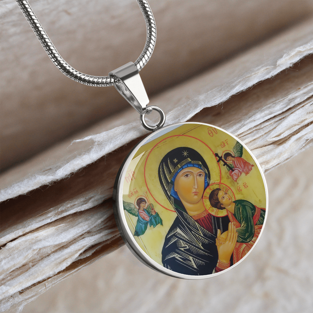 ShineOn, Maria, Mother of God, Circle (0.9") pendant with 18-22' snake chain necklace with your photo, Surgical  steelwith shatterproof liquid glass and 18 gold finish option