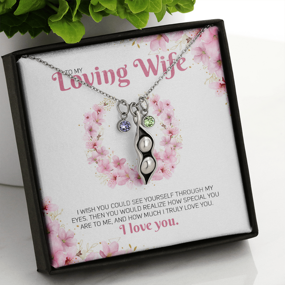 Wife,, ShineOn, Peas in a Pod Necklace, 14k white gold on,  with Sparkling Zirconia birth Stones