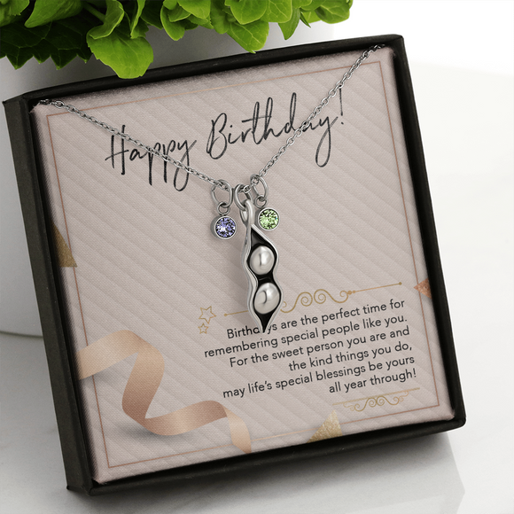 Happy Birthday ShineOn, Peas in a Pod Necklace, 14k white gold on,  with Sparkling Zirconia birth Stones
