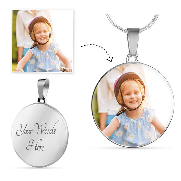ShineOn, Silver  or 18k gold finished luxury Neck lace and Circle Pendant. with your own photo and words.
